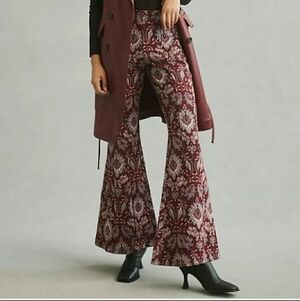 Anthropologie Damask Jacquard Flare Pants In a Red and Multicolor Paisley Print